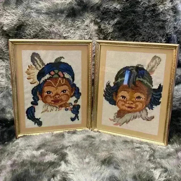 Other - Vintage Pair of framed needle point indigenous boy and girl pictures